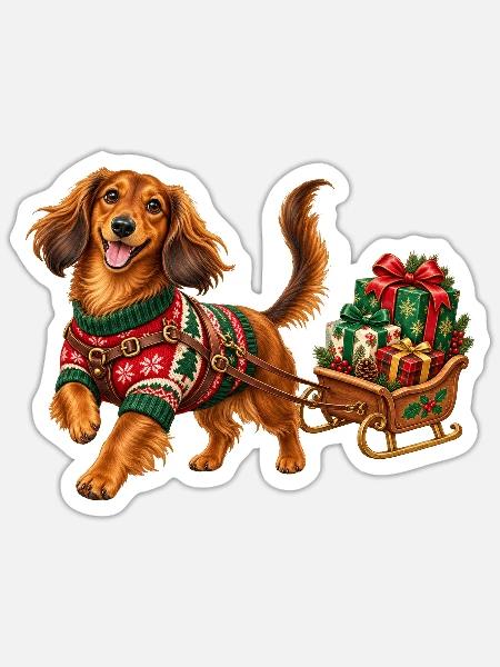 Weihnachtshund im Pullover mit Schlitten - Sticker Größe S (10 x 10 cm) - Mattweiß