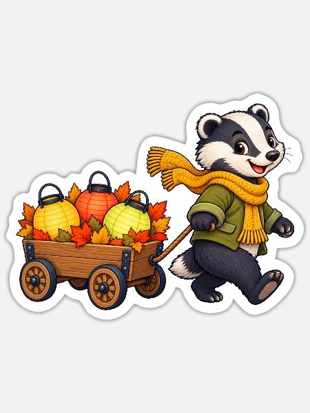 Dachskind mit buntem Blätterlichterwagen - Sticker Größe S (10 x 10 cm) - Mattweiß