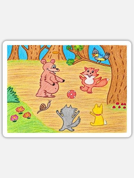 Verspieltes Waldfreunde-Ballspiel - Sticker Größe S (10 x 10 cm) - Mattweiß
