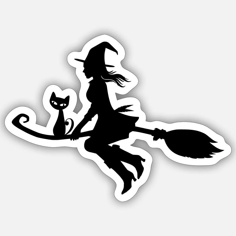 Sorcière sur un balai avec un chat doux « Catrina » Sticker taille S (10 x 10 cm)