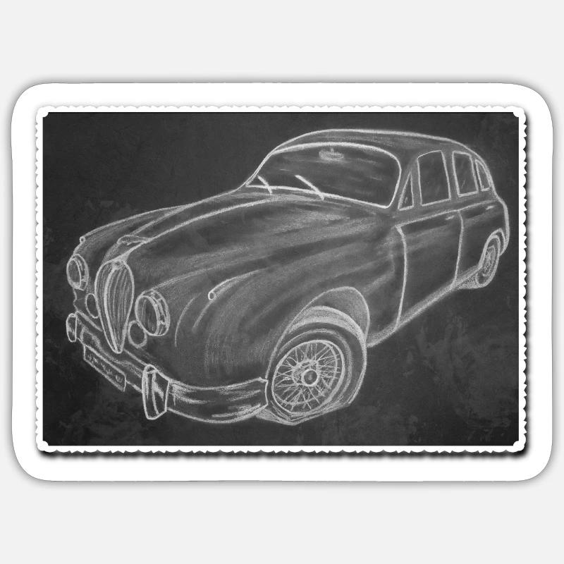Oldtimer Jaguar - gezeichnet - Kunst auf Shirts... - Sticker Größe S (10 x 10 cm) - Mattweiß