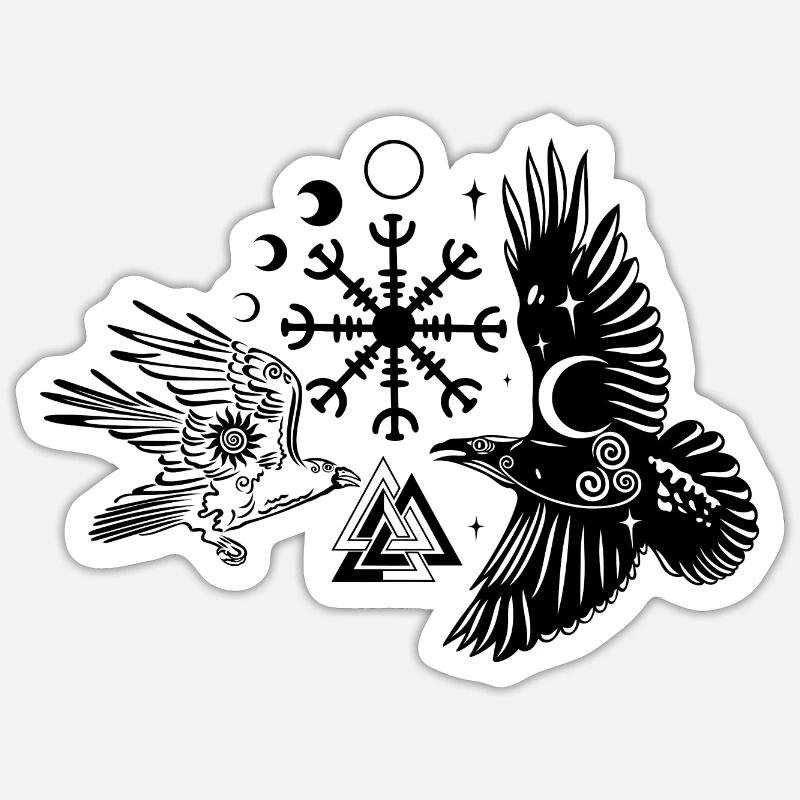 Hugin et Munin avec Vegvisir Valknut - Sticker taille S (10 x 10 cm) - blanc mat