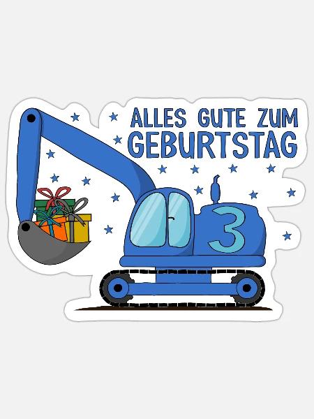 Bagger Kinder 3. Geburtstag Alles Gute Blau - Sticker Größe S (10 x 10 cm) - Mattweiß