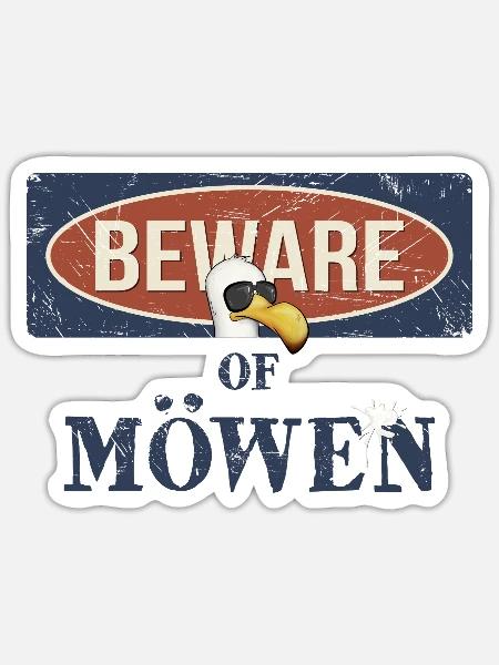 Beware Of Möwen Warnung mit Möwe und Vogelschiss - Sticker Größe S (10 x 10 cm) - Mattweiß