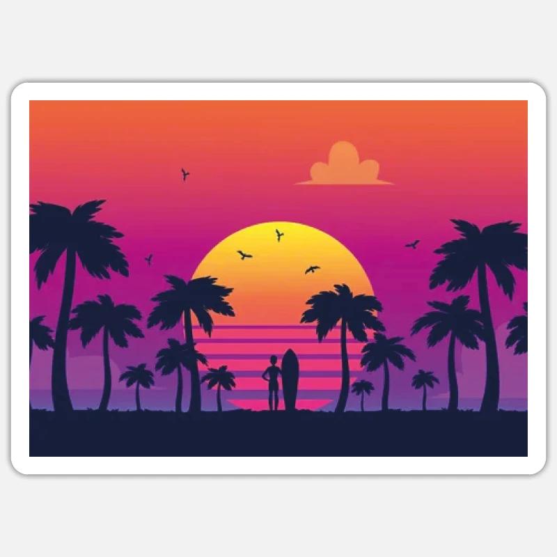 Surf au coucher du soleil - Sticker taille S (10 x 10 cm) - blanc mat