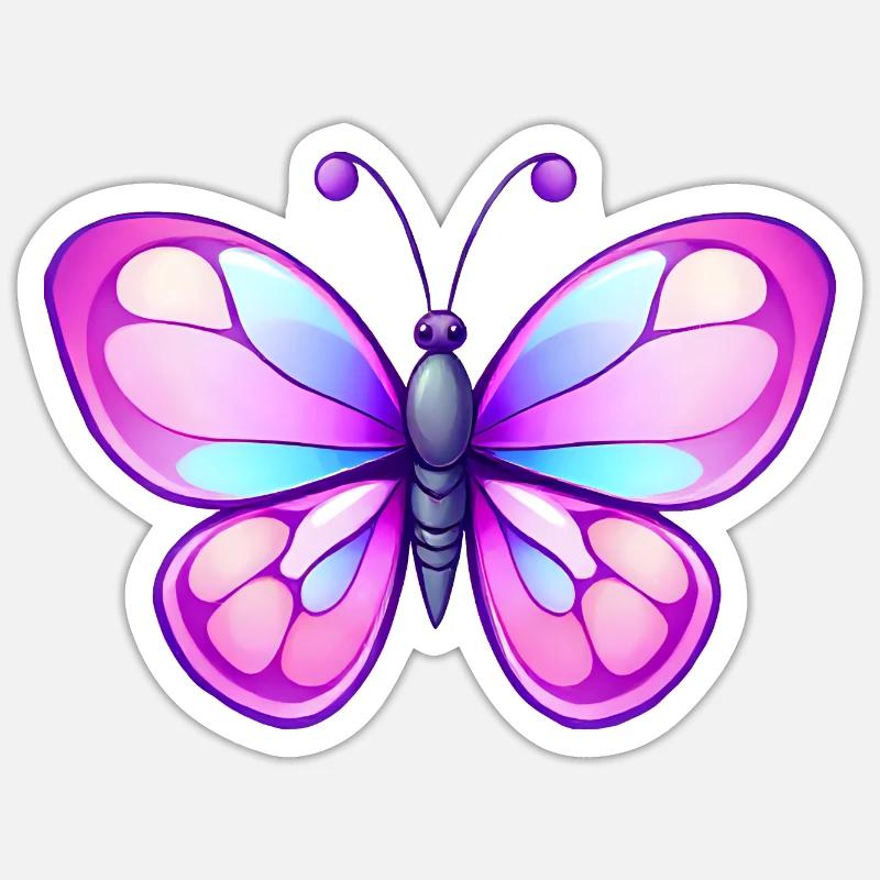 Mignon papillon de bande dessinée, ailes roses et bleues - Sticker taille S (10 x 10 cm) - blanc mat