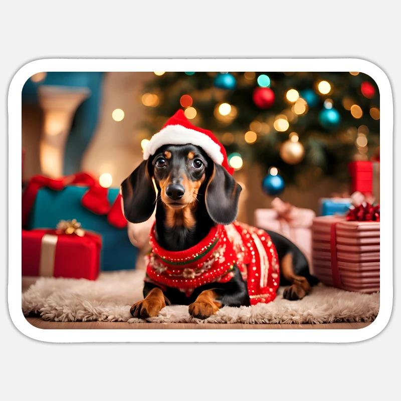 Teckel de Noël mignon Sticker taille S (10 x 10 cm)