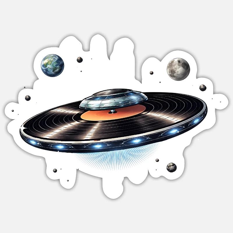 OVNI tiré d’un disque vinyle dans l’espace - Sticker taille S (10 x 10 cm) - blanc mat