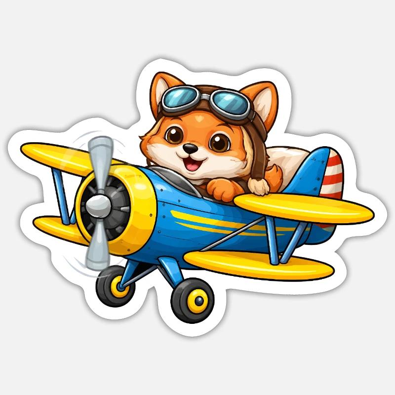 Fuchs Pilot Doppeldecker Flugzeug Cartoon   - Sticker Größe S (10 x 10 cm) - Mattweiß
