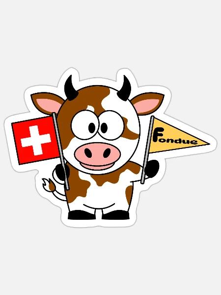 Kuh mit Fondue Flaggen - Sticker Größe S (10 x 10 cm) - Mattweiß
