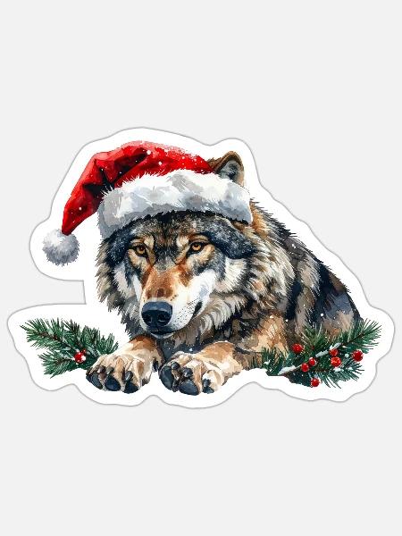 Weihnachtswolf-Weihnachtsmützen-Kunst - Sticker Größe S (10 x 10 cm) - Mattweiß