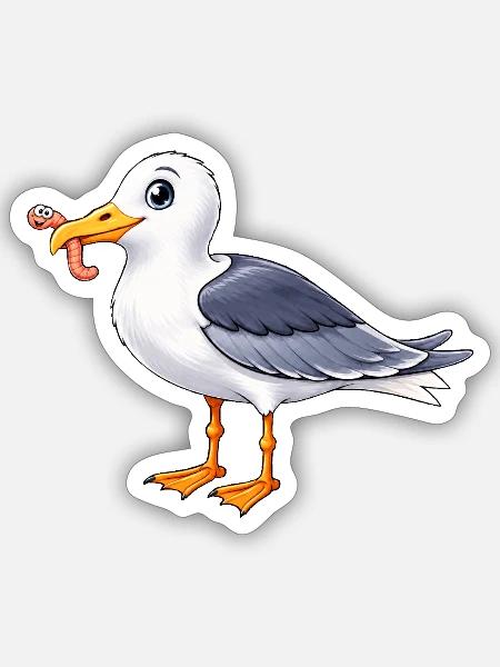 Lustige Möwe mit Wurm Küste Meer - Sticker Größe S (10 x 10 cm) - Mattweiß