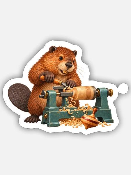 Biber drechselt einen Kreisel - Sticker Größe S (10 x 10 cm) - Mattweiß