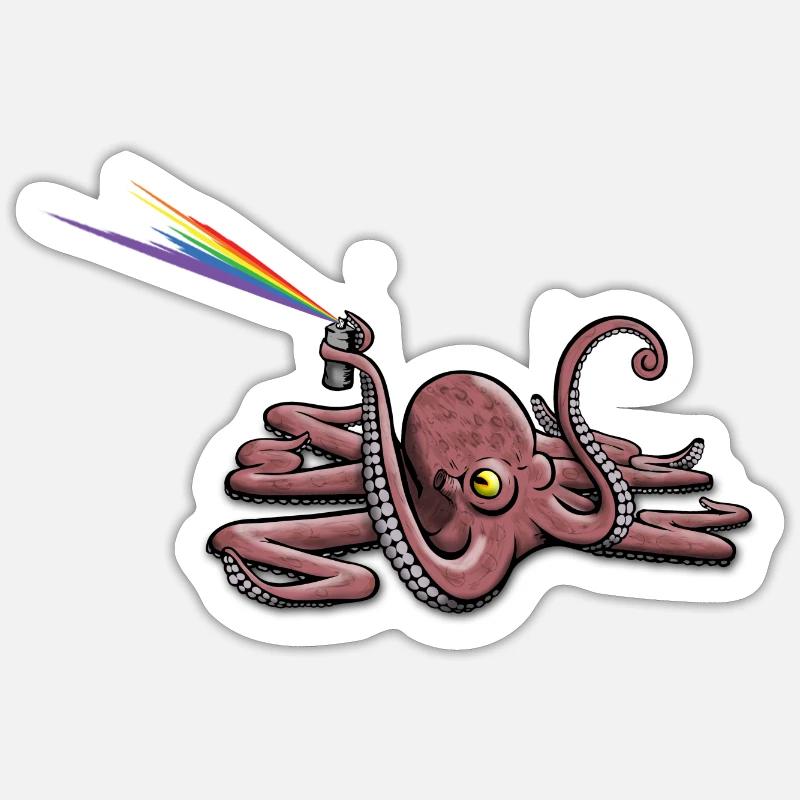 Krake mit Lackdose Regenbogen - Sticker Größe S (10 x 10 cm) - Mattweiß