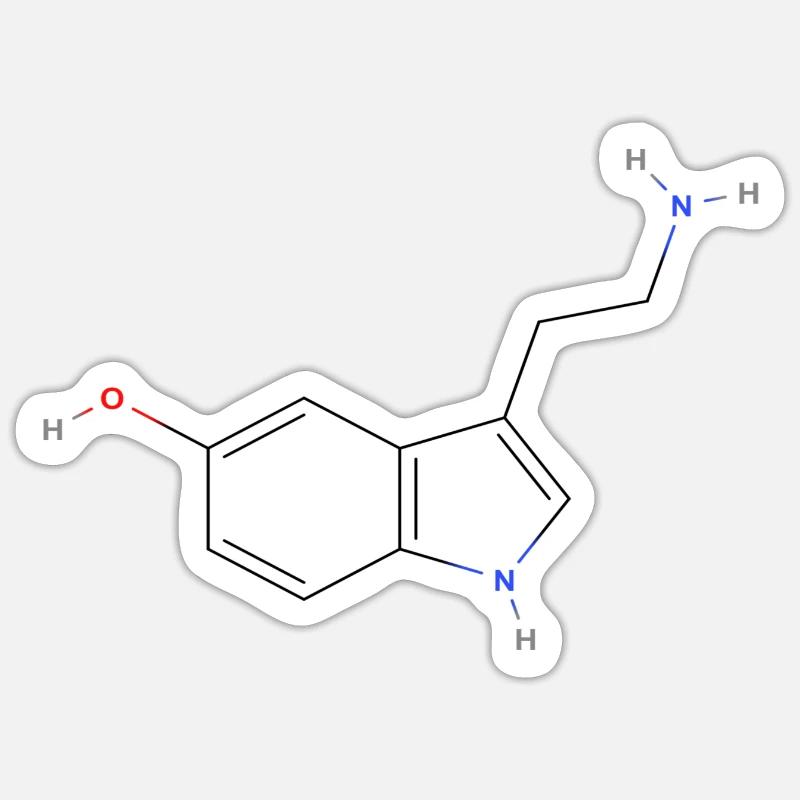 Serotonin-Molekül - Farbige Strukturformel - Sticker Größe S (10 x 10 cm) - Mattweiß
