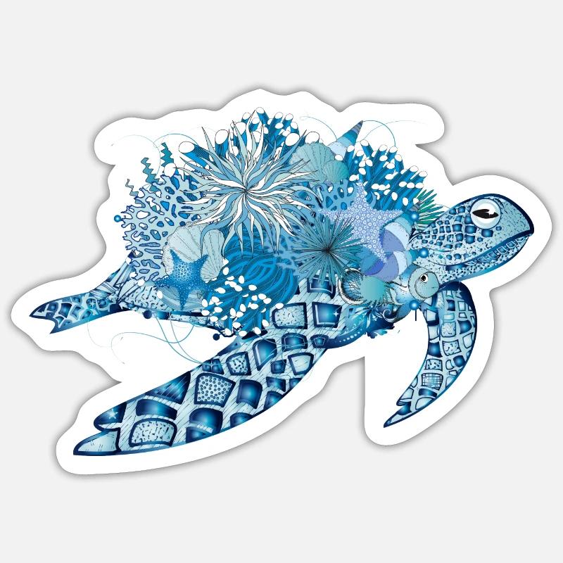 tortue bleue imaginative avec des coraux - Sticker taille S (10 x 10 cm) - blanc mat