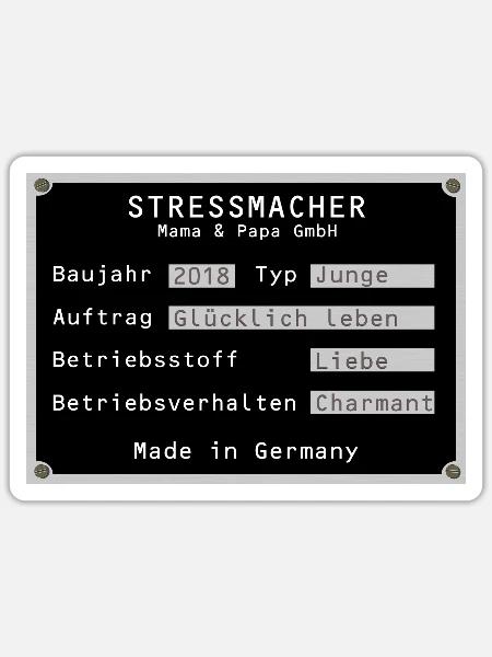 Stressmacher 2018 Junge Typenschild Sohn Sohneman - Sticker Größe S (10 x 10 cm) - Mattweiß