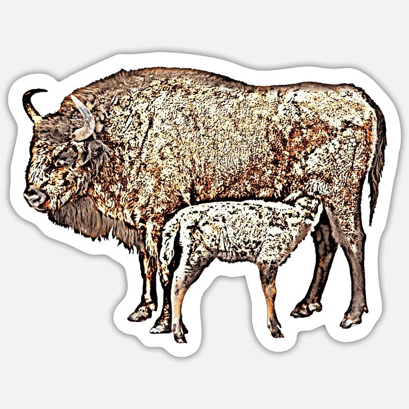 Bison mit Kalb - Sticker Größe S (10 x 10 cm) - Mattweiß