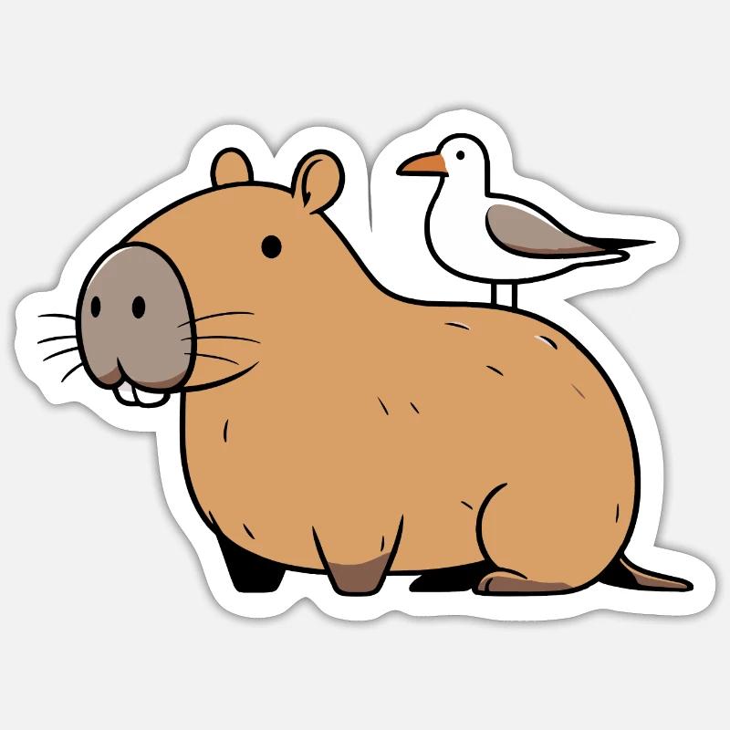 Bande dessinée Capybara Watershine avec mouette sur le dos - Sticker taille S (10 x 10 cm) - blanc mat