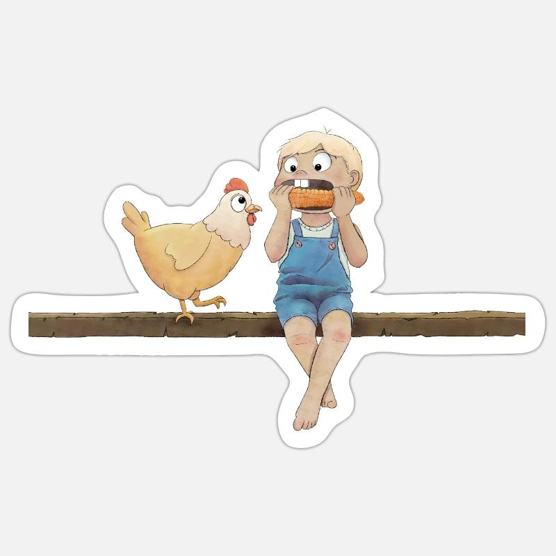 Boy with chicken and corn Sticker size S (10 x 10 cm)
