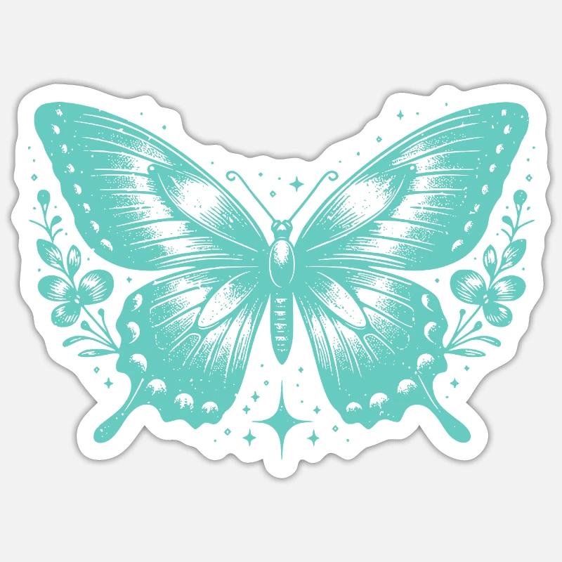 Papillon Turquoise et Fleurs Sticker taille S (10 x 10 cm)