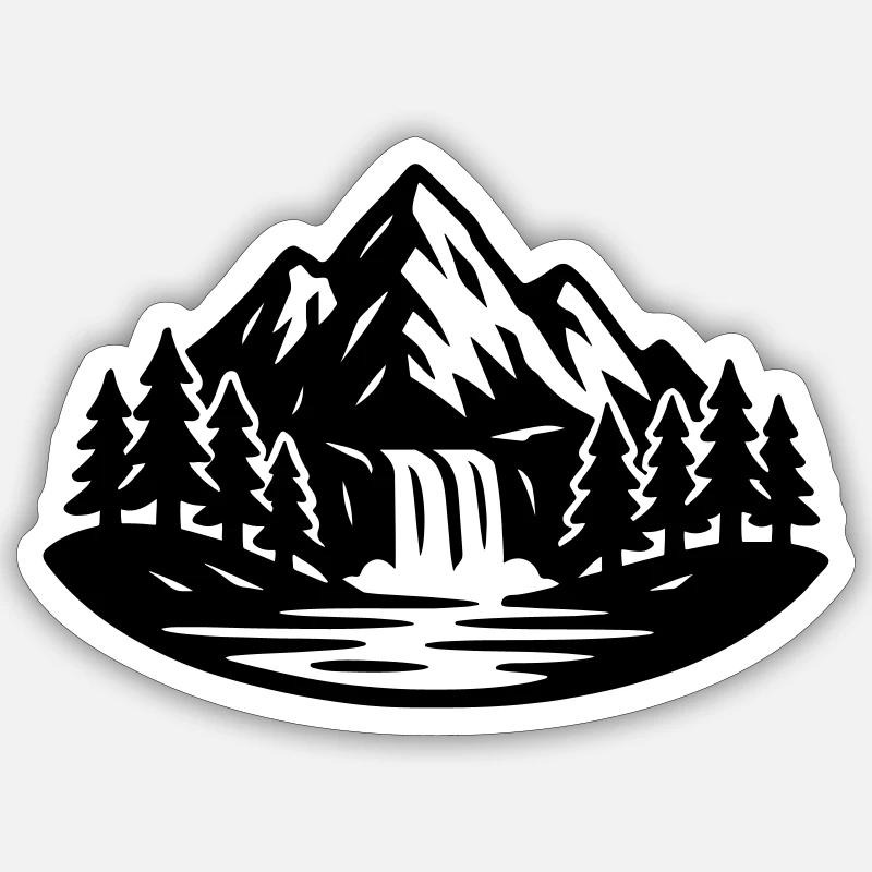 Berge Landschaft Wald Wasserfall - Sticker Größe S (10 x 10 cm) - Mattweiß