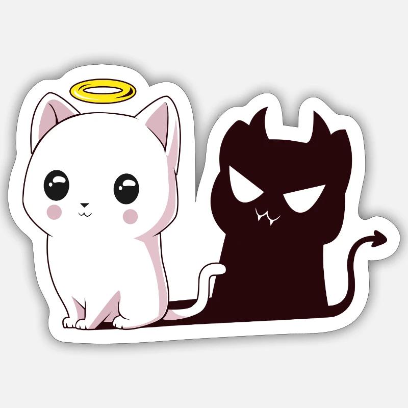 Kawaii Angel Cat with Devil Shadow - Sticker size S (10 x 10 cm) - white matte