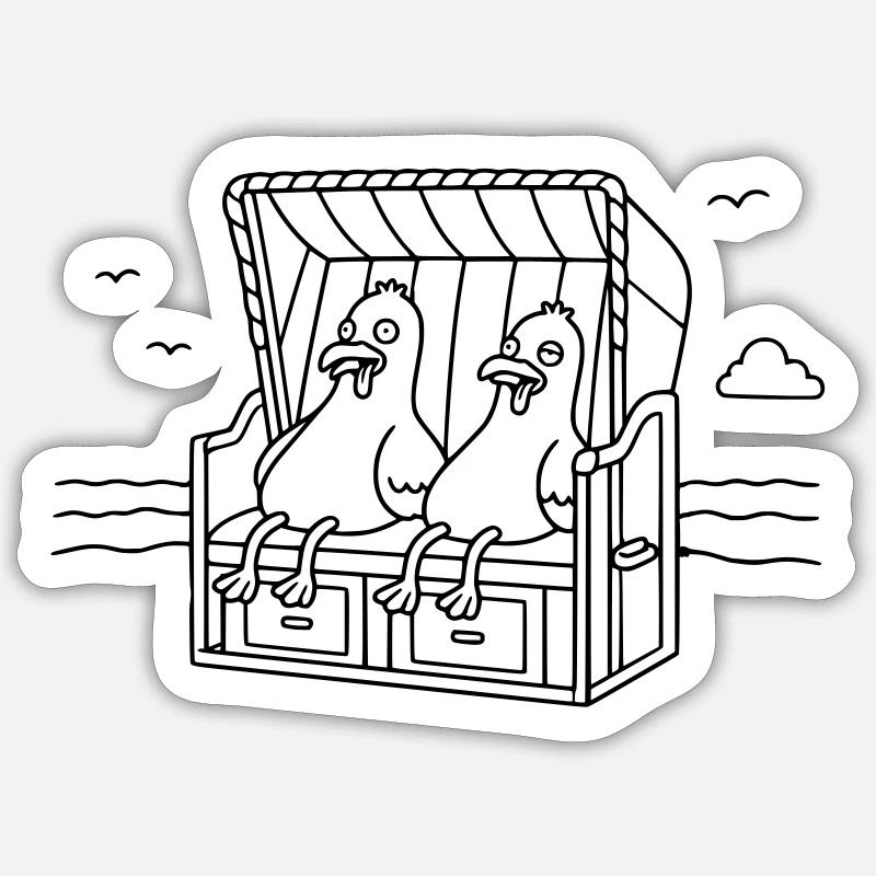 Witzige Möwen Strandkorb - Sticker Größe S (10 x 10 cm) - Mattweiß