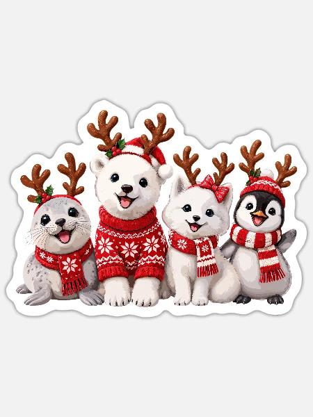 Fröhliche Weihnachtstiere mit Rentiergeweih - Sticker Größe S (10 x 10 cm) - Mattweiß