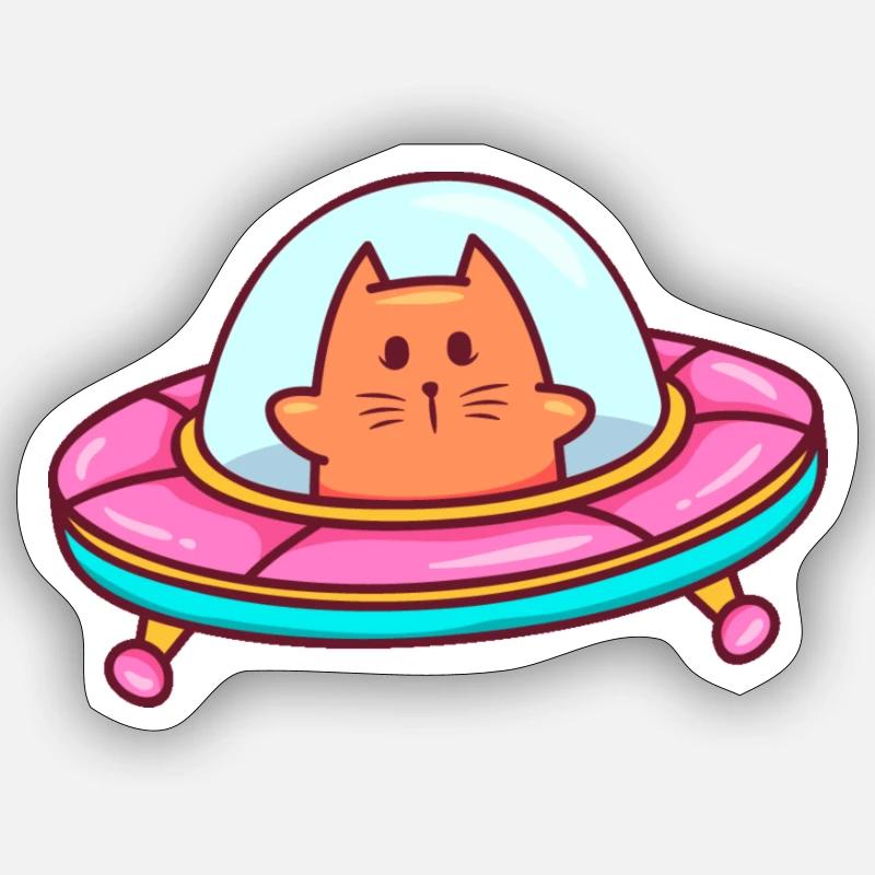 chat autocollant chat dans ufo - Sticker taille S (10 x 10 cm) - blanc mat