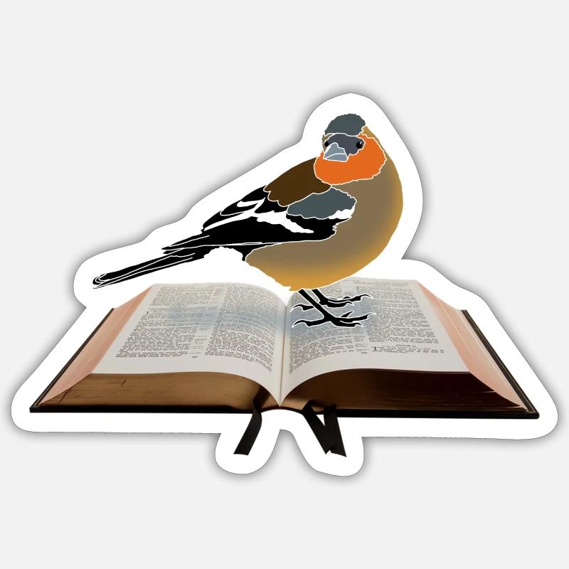 Buchfink auf Buch - Sticker Größe S (10 x 10 cm) - Mattweiß
