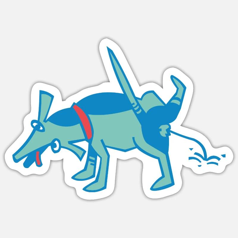 kleiner, blauer Hund pullert an eine Wand Sticker Größe S (10 x 10 cm)