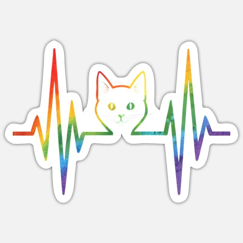 Rainbow cat with pulse heart line Sticker size S (10 x 10 cm)