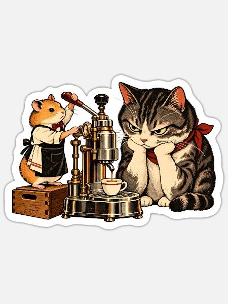 Hamster & Katze beim Espresso-Machen – Kaffee - Sticker Größe S (10 x 10 cm) - Mattweiß