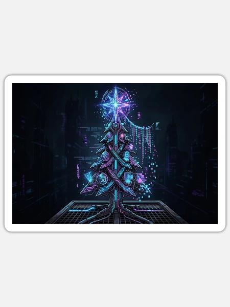 Cyber Weihnachtsbaum – Glitched Tannenbaum Neon  B - Sticker Größe S (10 x 10 cm) - Mattweiß