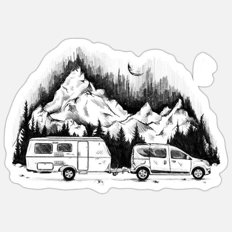Caravan - Seikkailu - Camping - Clamping - Auto - Tarra koko S (10 x 10 cm) - mattavalkoinen