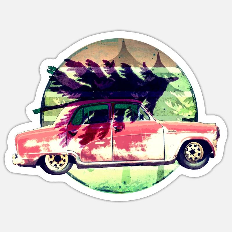 Oldtimer mit Weihnachtsbaum - Sticker Größe S (10 x 10 cm) - Mattweiß