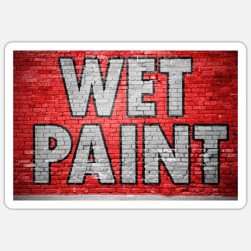 Wet Paint Ziegelsteinmauer Graffiti - Sticker Größe S (10 x 10 cm) - Mattweiß