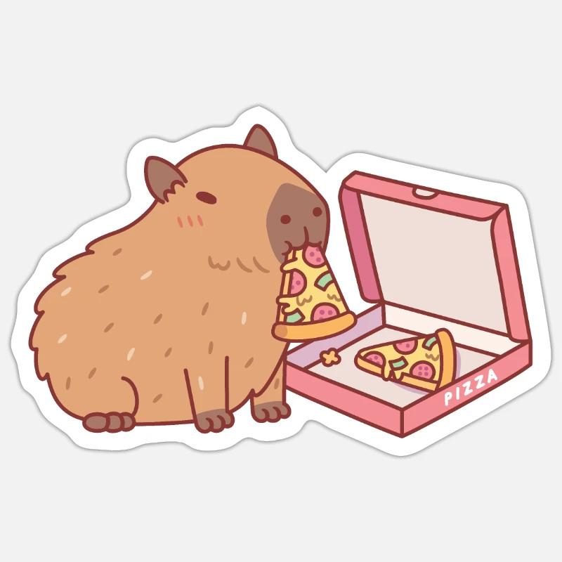 Mignon Capybara mangeant une pizza - Sticker taille S (10 x 10 cm) - blanc mat