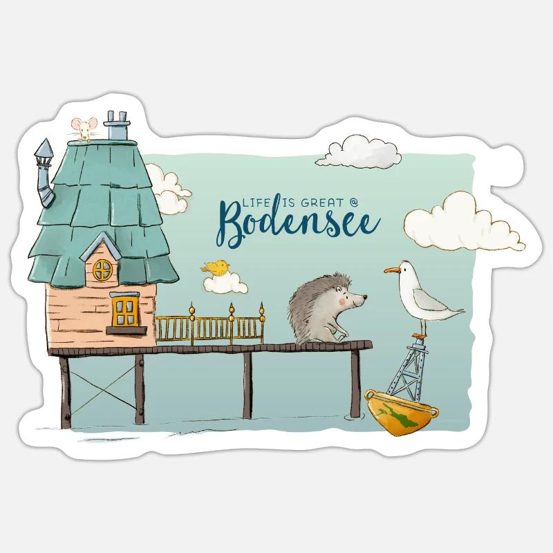 Pfahlbauten Bodensee - Süßes Motiv mit Igel & Möwe - Sticker Größe S (10 x 10 cm) - Mattweiß