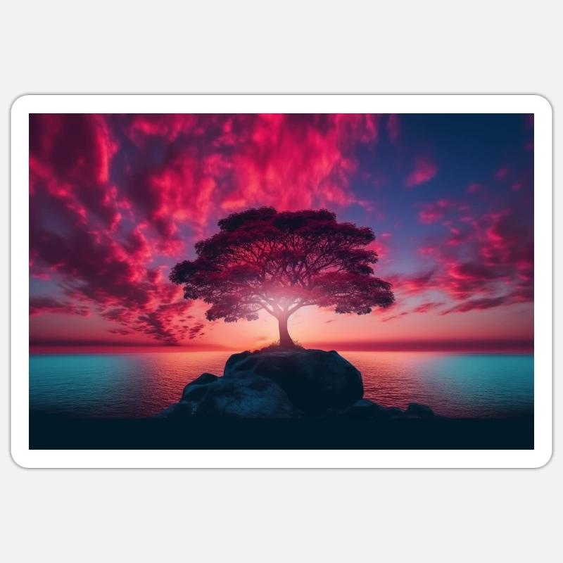 Baum am See bei Abendrot Sticker Größe S (10 x 10 cm)