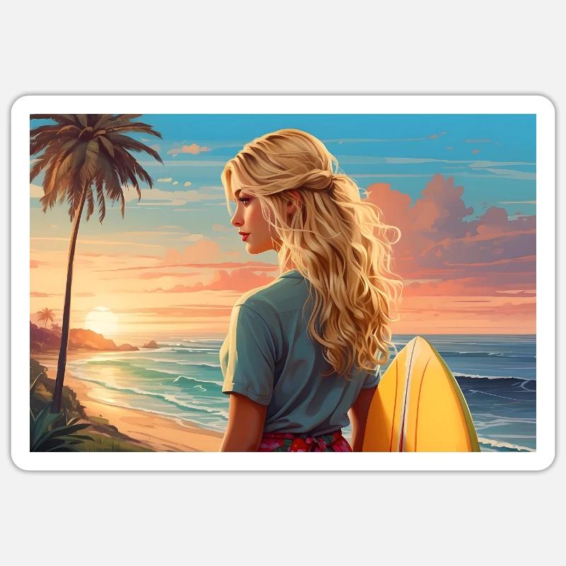 Fille surfeuse - Sticker taille S (10 x 10 cm) - blanc mat