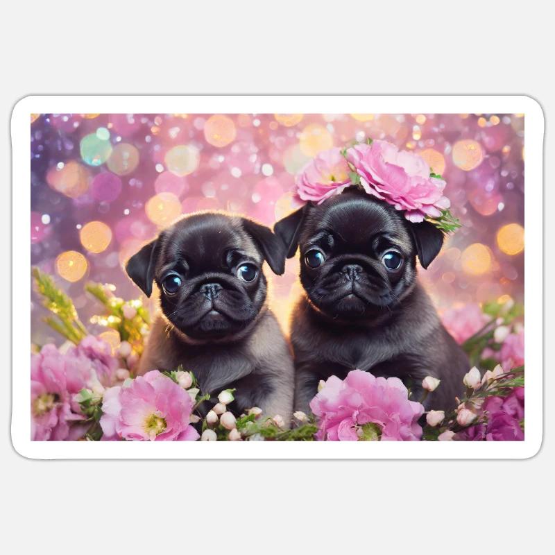 Petits chiens avec couronne de fleurs Sticker taille S (10 x 10 cm)