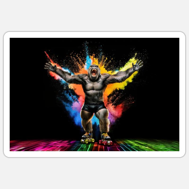Gorilla auf Rollschuhen im Disco Ambiente - Sticker Größe S (10 x 10 cm) - Mattweiß