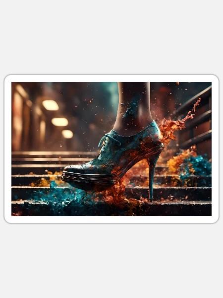 Farbexplosion auf der Treppe - KI - Sticker Größe S (10 x 10 cm) - Mattweiß