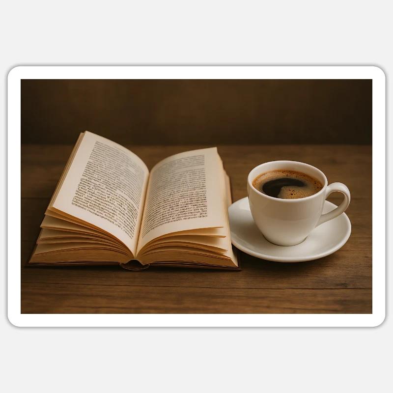 Buch und Kaffee - Sticker Größe S (10 x 10 cm) - Mattweiß