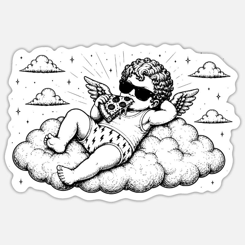 Cherub chills with pizza on cloud - Sticker size S (10 x 10 cm) - white matte