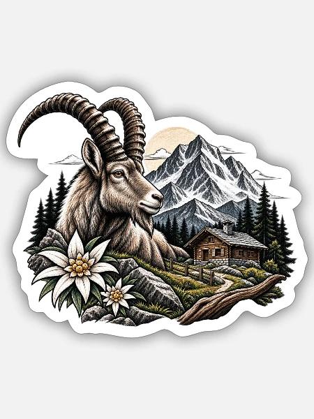 Gipfelbock im Alpenwald - Sticker Größe S (10 x 10 cm) - Mattweiß