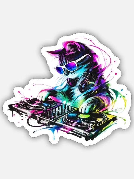 DJ Katze - Sticker Größe S (10 x 10 cm) - Mattweiß