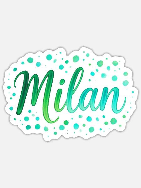 Name Milan Neon-Grün Schrift mit Tupfen - Aquarell - Sticker Größe S (10 x 10 cm) - Mattweiß